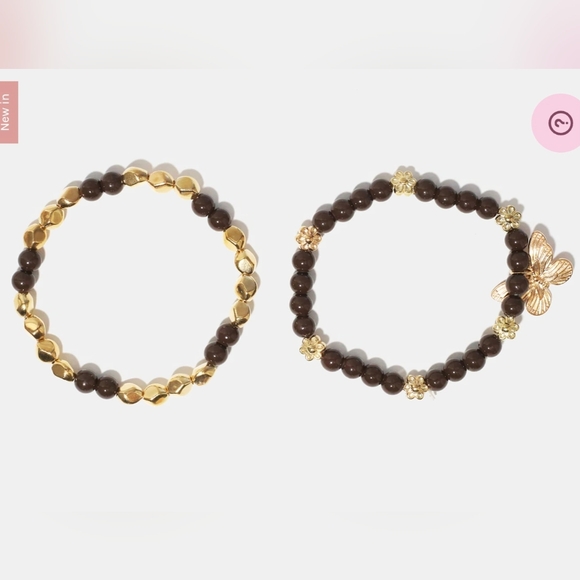 Gold and Brown Beaded Butterfly Charm Stretch Bracelet Set - Picture 2 of 4